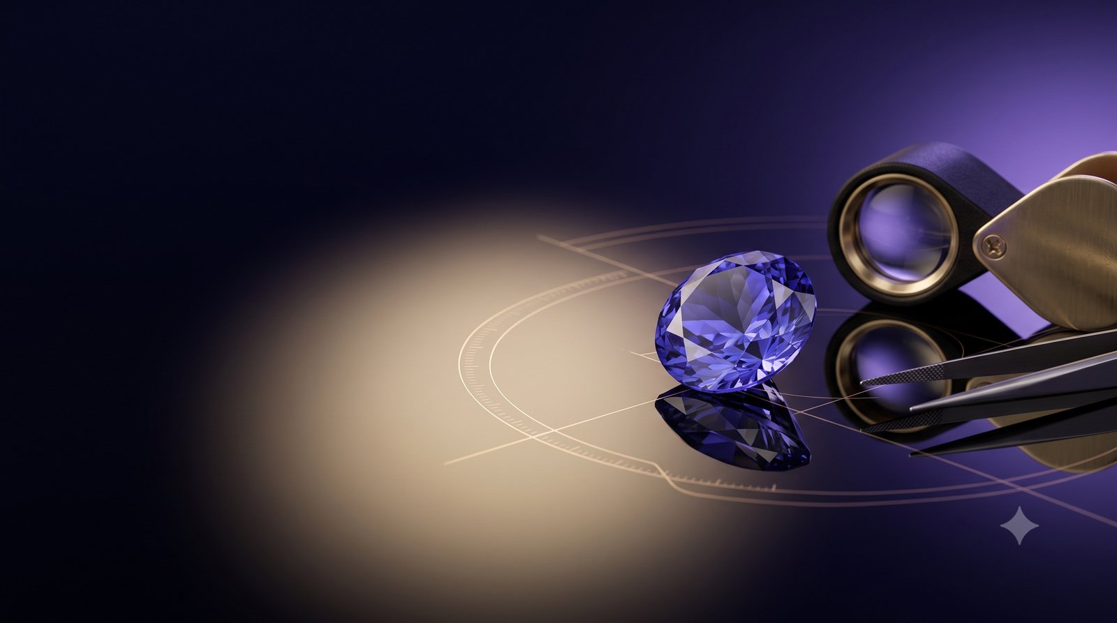 Faceted gemstone on a dark mirrored surface beside a gemologist's loupe and tweezers