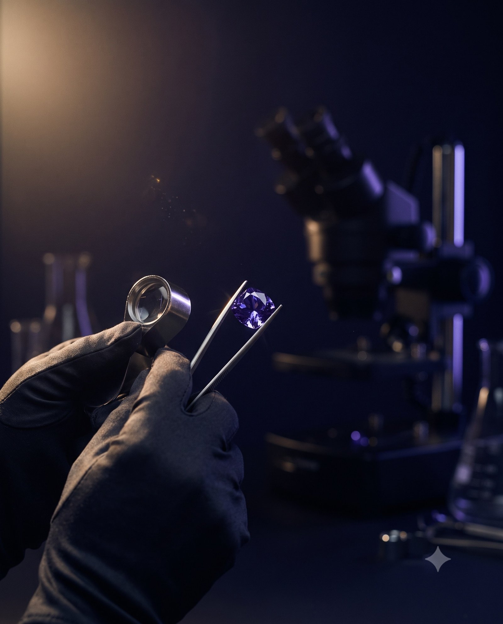 A gemologist examining a gemstone with a loupe in a dark laboratory